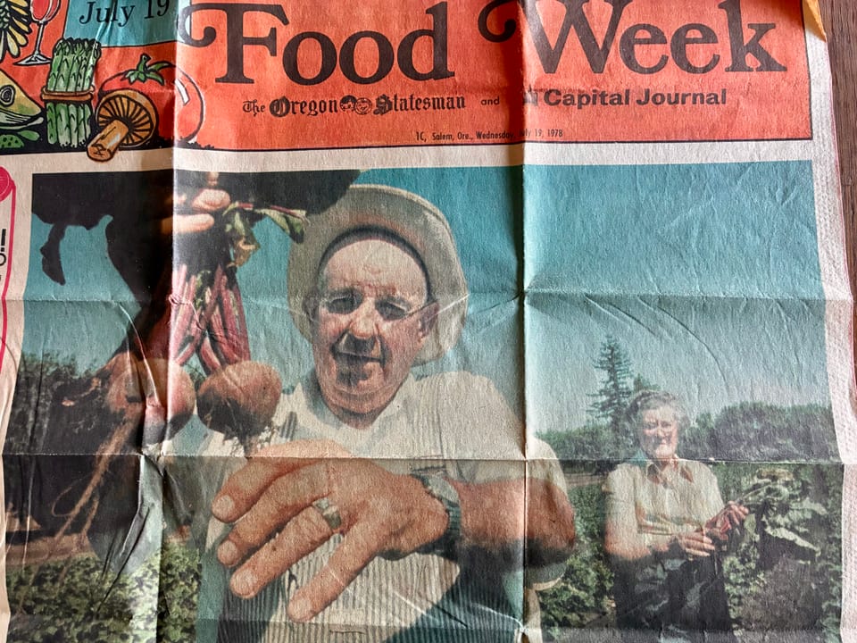 A newspaper clipping from July 19, 1978 from the Food Week section of the Oregon Statesman and Capital Journal, featuring farmers Paul and Reta Townsend.